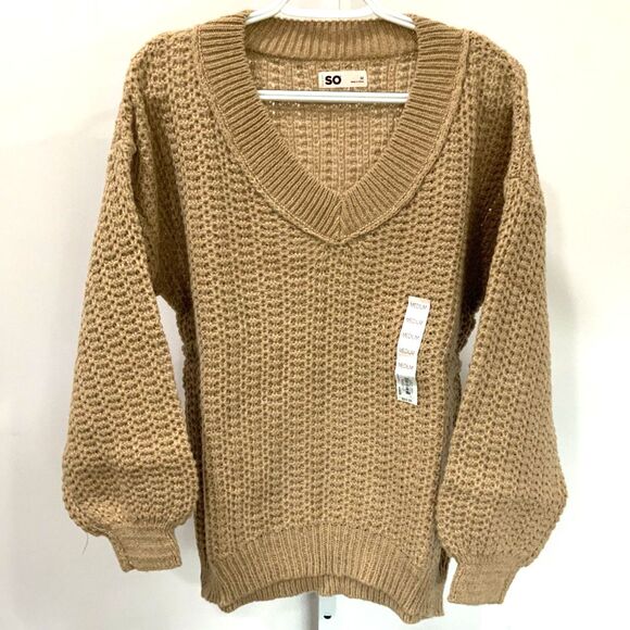 NWT!! Tan V-Neck Balloon Sleeve Sweater By SO (Sonoma) in Medium - Picture 1 of 9